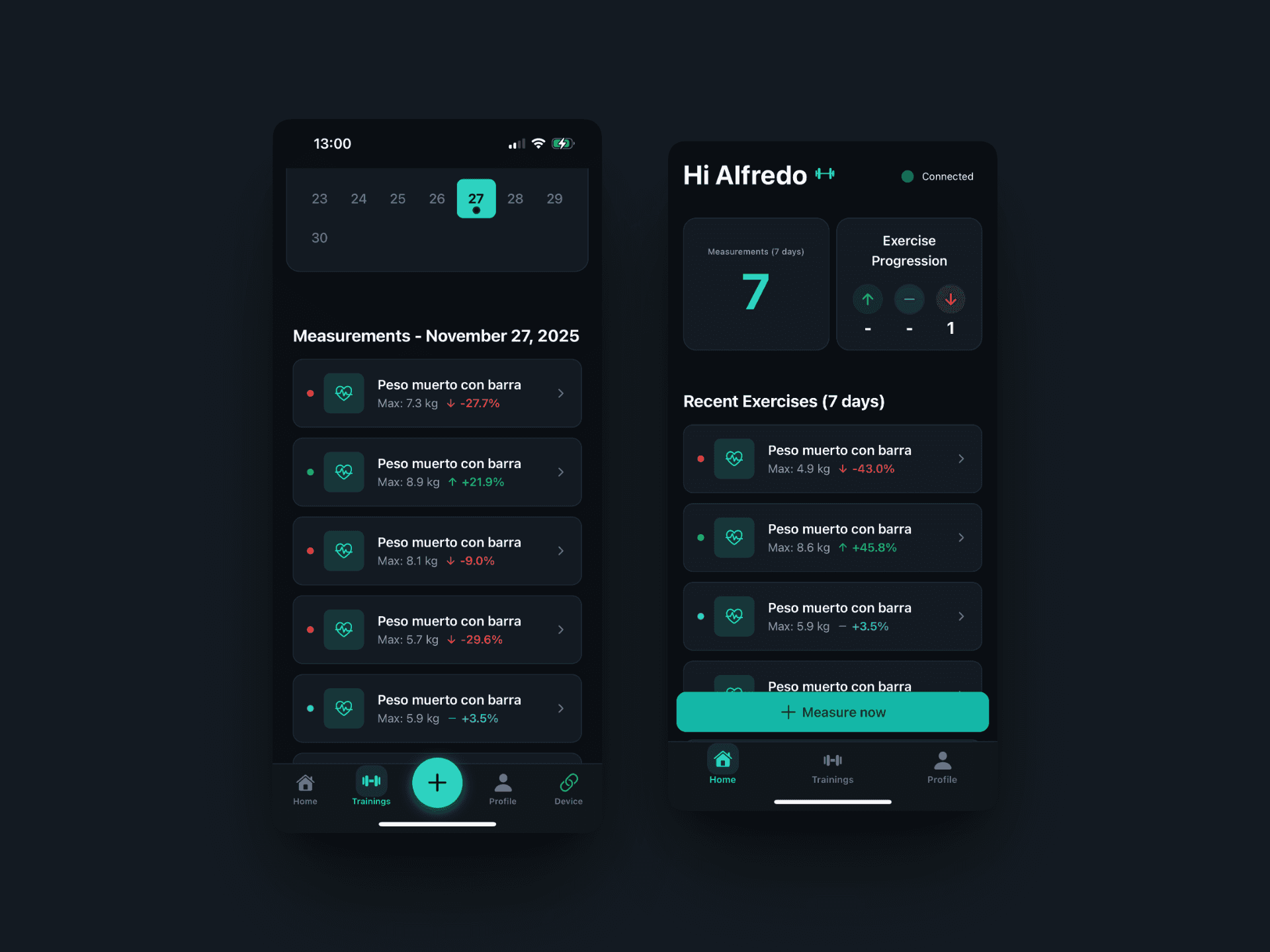 Zimetrix app - exercise list and strength measurements
